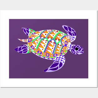 purple kawaii mexican caribbean carey turtle tortoise in ecopop floral wallpaper Posters and Art